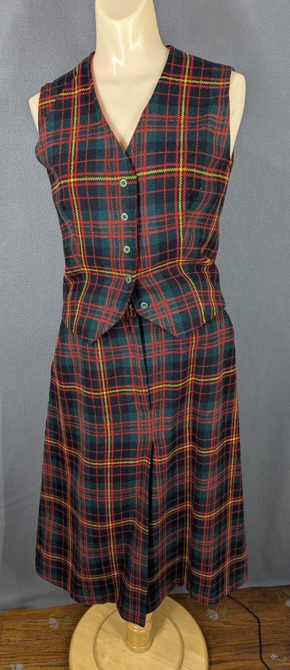 Plaid Vest and Skirt Set 60s Handmade Suit XS/S Red Green Tartan Lined